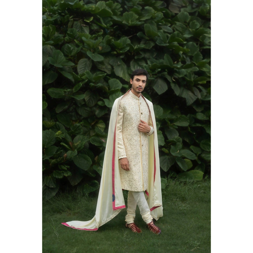 Jatin Malik Butter Sherwani Kurta with Churidar and Stole (Set of 4)