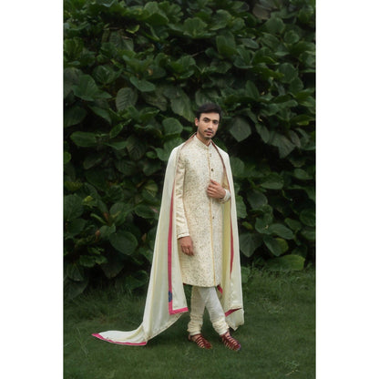 Jatin Malik Butter Sherwani Kurta with Churidar and Stole (Set of 4)