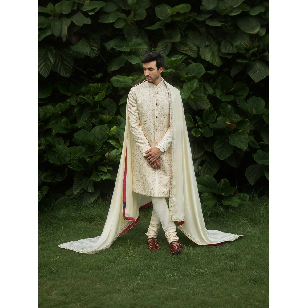 Jatin Malik Butter Sherwani Kurta with Churidar and Stole (Set of 4)