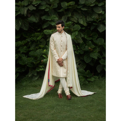 Jatin Malik Butter Sherwani Kurta with Churidar and Stole (Set of 4)