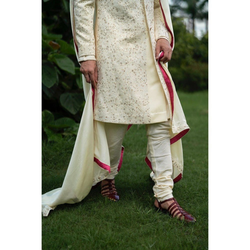 Jatin Malik Butter Sherwani Kurta with Churidar and Stole (Set of 4)