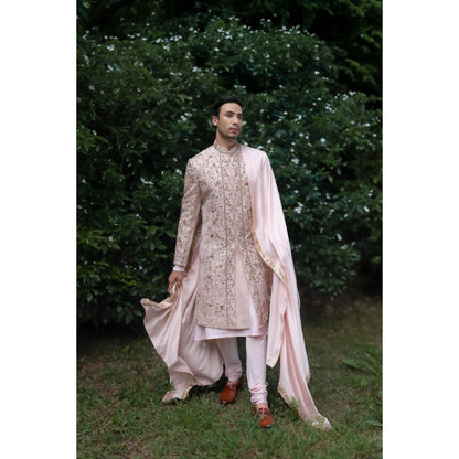 Jatin Malik Primrose Sherwani Kurta with Churidar and Stole (Set of 4)