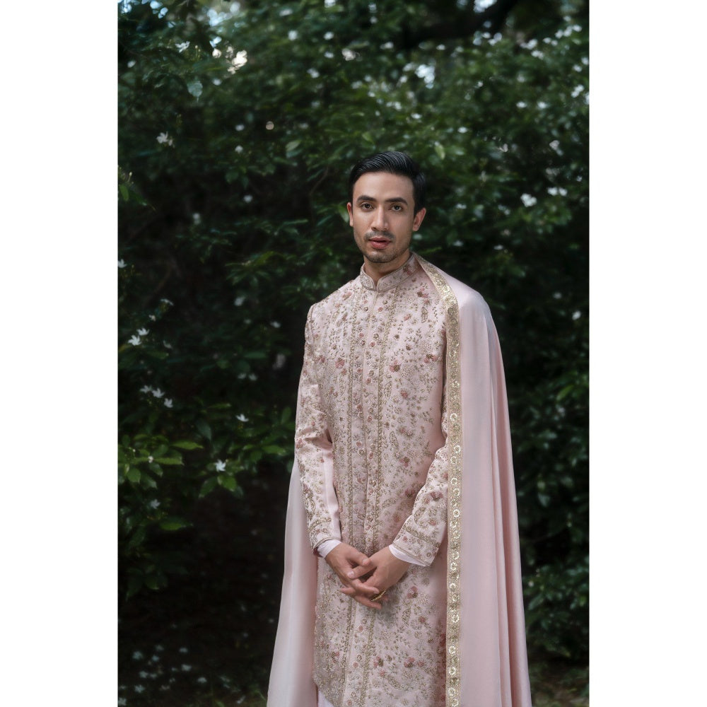 Jatin Malik Primrose Sherwani Kurta with Churidar and Stole (Set of 4)