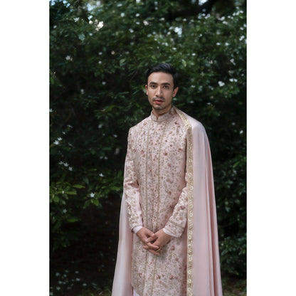 Jatin Malik Primrose Sherwani Kurta with Churidar and Stole (Set of 4)