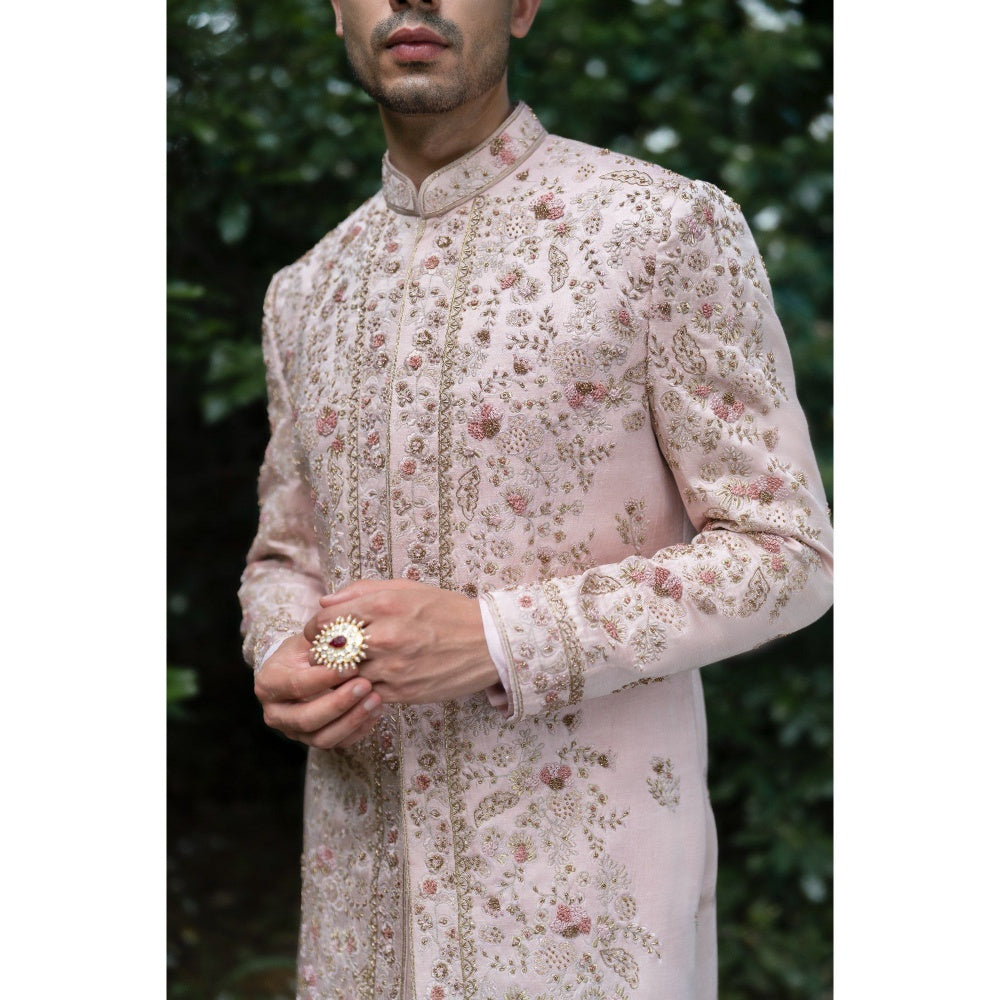 Jatin Malik Primrose Sherwani Kurta with Churidar and Stole (Set of 4)