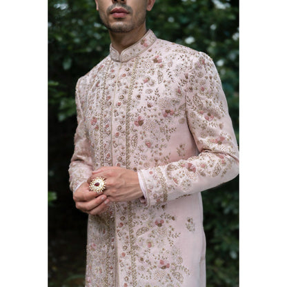 Jatin Malik Primrose Sherwani Kurta with Churidar and Stole (Set of 4)