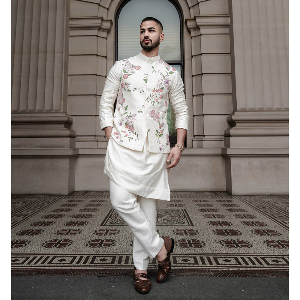Jatin Malik Porcelain Petals Nehru Jacket with Kurta and Trouser (Set of 3)