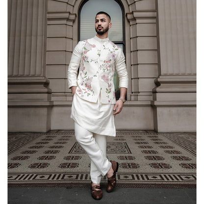 Jatin Malik Porcelain Petals Nehru Jacket with Kurta and Trouser (Set of 3)