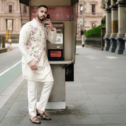 Jatin Malik Porcelain Petals Nehru Jacket with Kurta and Trouser (Set of 3)