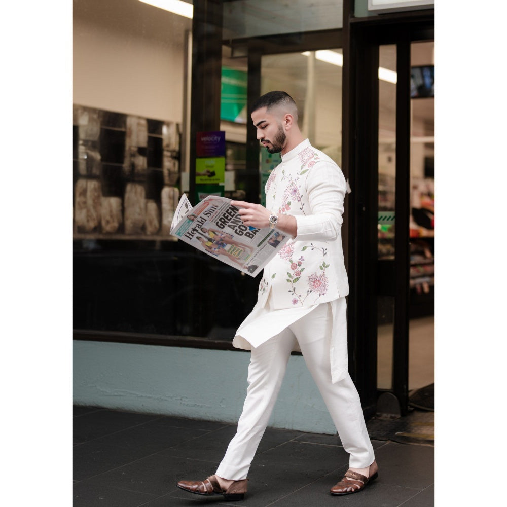 Jatin Malik Porcelain Petals Nehru Jacket with Kurta and Trouser (Set of 3)