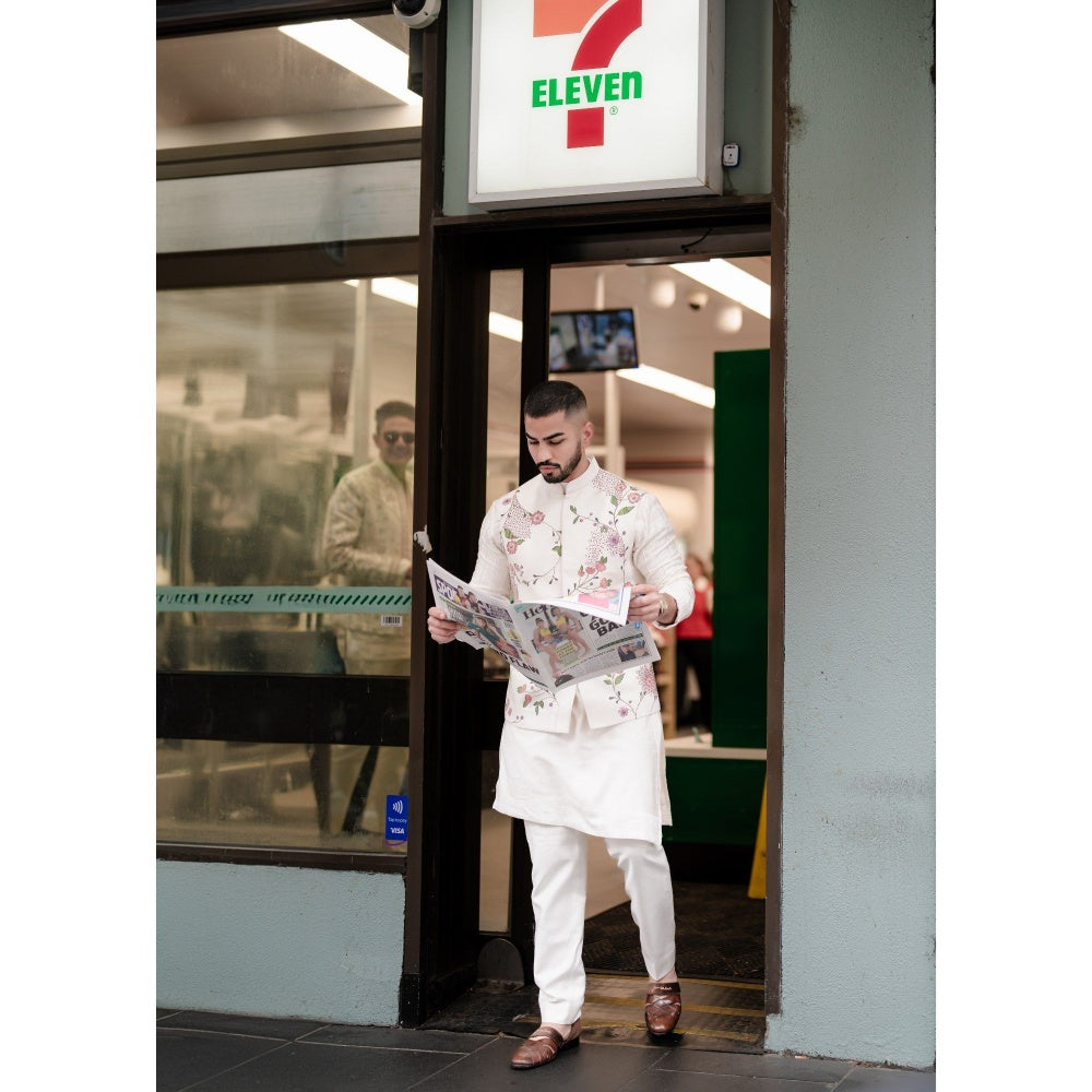 Jatin Malik Porcelain Petals Nehru Jacket with Kurta and Trouser (Set of 3)