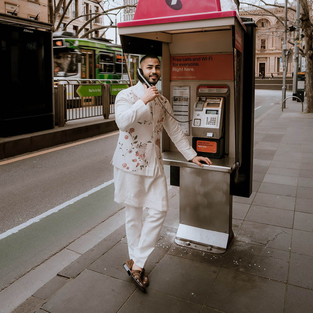 Jatin Malik Porcelain Petals Nehru Jacket with Kurta and Trouser (Set of 3)