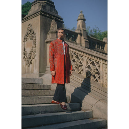 Jatin Malik Crimson Lake Contemporary Jacket with Shirt and Trouser Belt (Set of 4)