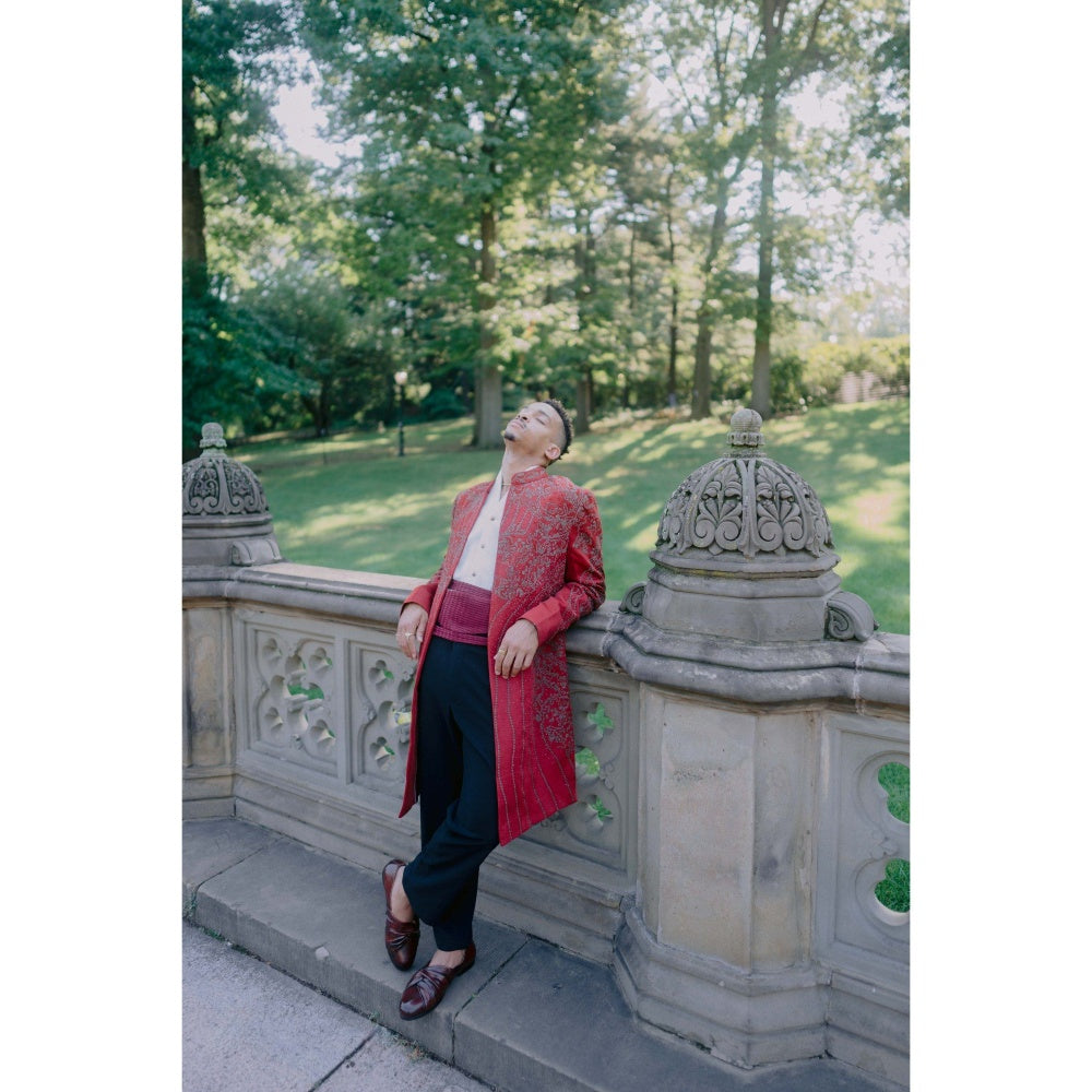 Jatin Malik Crimson Lake Contemporary Jacket with Shirt and Trouser Belt (Set of 4)