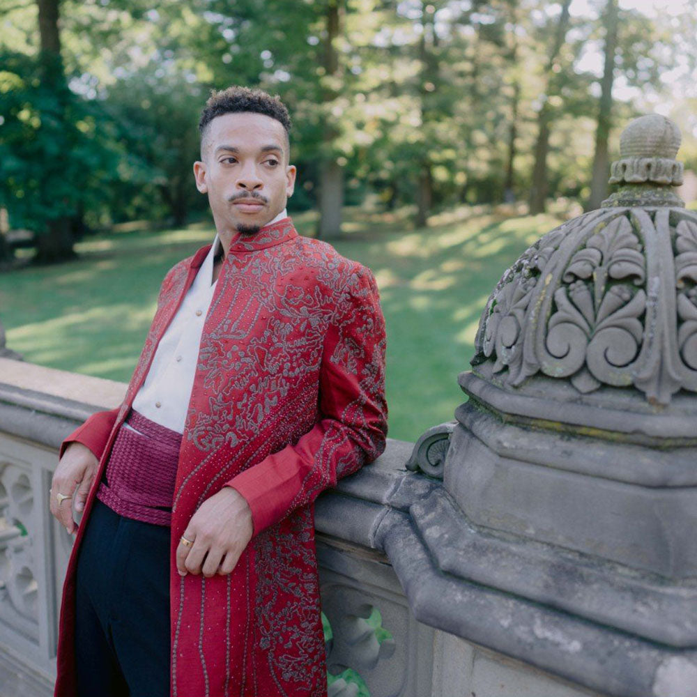 Jatin Malik Crimson Lake Contemporary Jacket with Shirt and Trouser Belt (Set of 4)