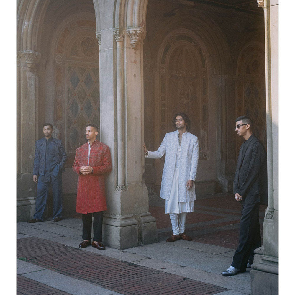 Jatin Malik Crimson Lake Contemporary Jacket with Shirt and Trouser Belt (Set of 4)