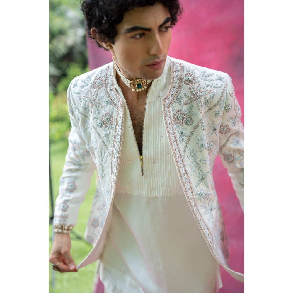 Jatin Malik White Dahlia Kurta with Trouser (Set of 2)