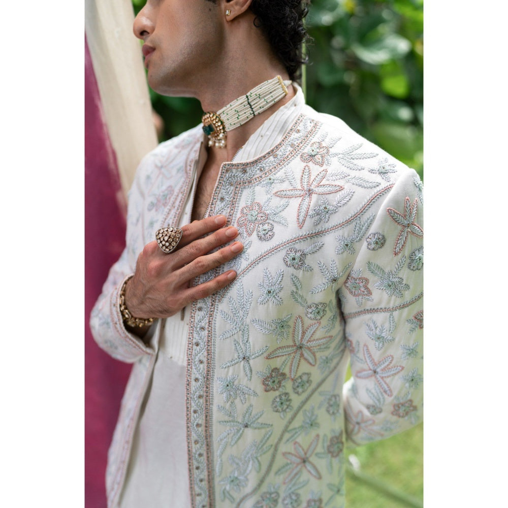 Jatin Malik White Dahlia Kurta with Trouser (Set of 2)