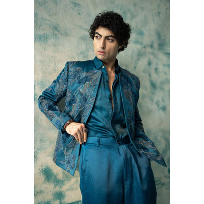 Jatin Malik Blue Thistle Kurta with Trouser (Set of 2)