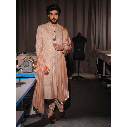 Jatin Malik Natural Rose Gold Embroidered Sherwani with Kurta and Churidar (Set of 3)