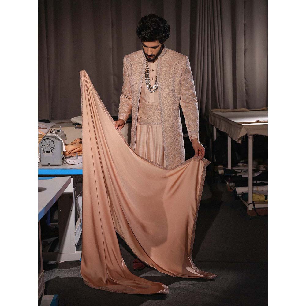 Jatin Malik Natural Rose Gold Embroidered Sherwani with Kurta and Churidar (Set of 3)