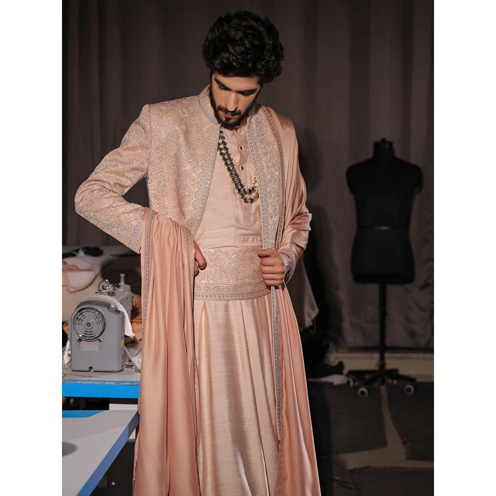 Jatin Malik Natural Rose Gold Embroidered Sherwani with Kurta and Churidar (Set of 3)
