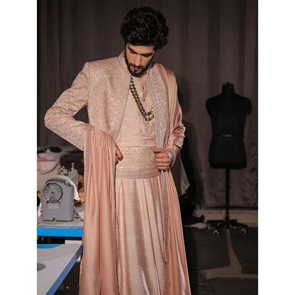 Jatin Malik Natural Rose Gold Embroidered Sherwani with Kurta and Churidar (Set of 3)
