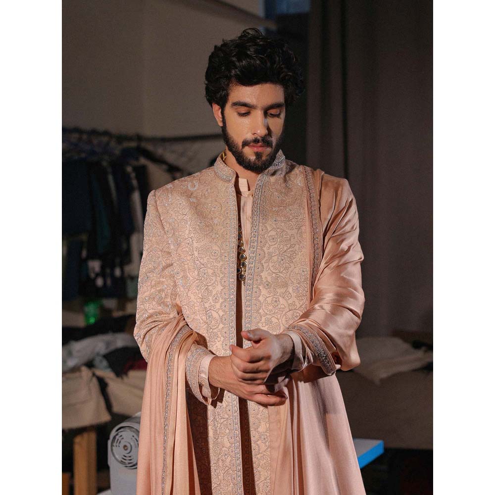 Jatin Malik Natural Rose Gold Embroidered Sherwani with Kurta and Churidar (Set of 3)