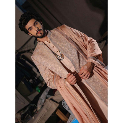 Jatin Malik Natural Rose Gold Embroidered Sherwani with Kurta and Churidar (Set of 3)