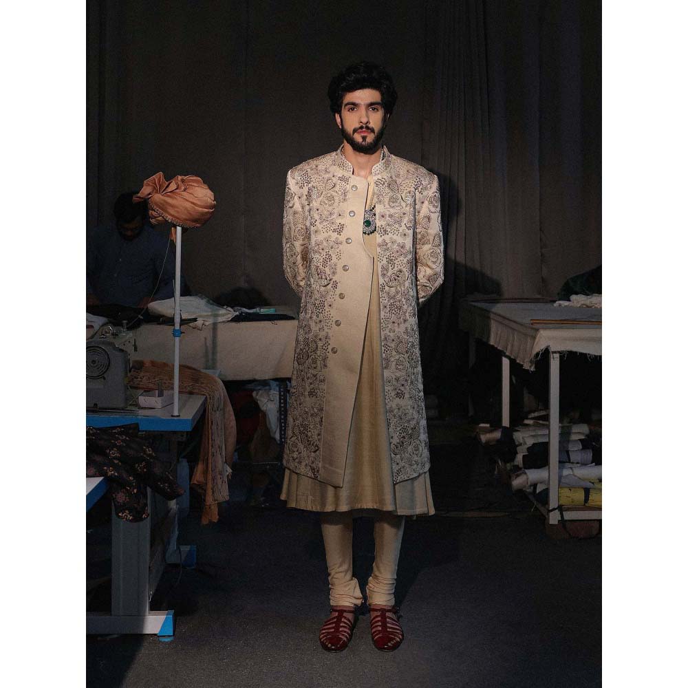 Jatin Malik Gold Embroidered Sherwani with Kurta and Churidar (Set of 3)