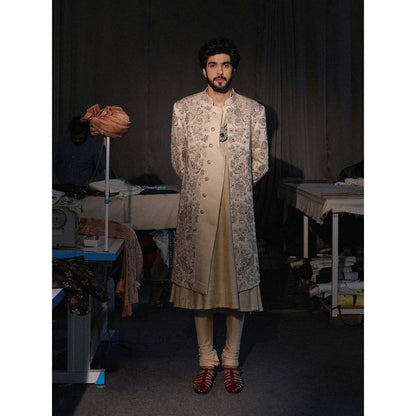 Jatin Malik Gold Embroidered Sherwani with Kurta and Churidar (Set of 3)