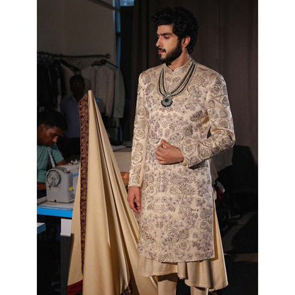 Jatin Malik Gold Embroidered Sherwani with Kurta and Churidar (Set of 3)