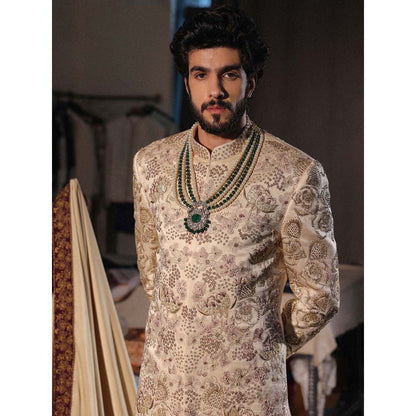 Jatin Malik Gold Embroidered Sherwani with Kurta and Churidar (Set of 3)