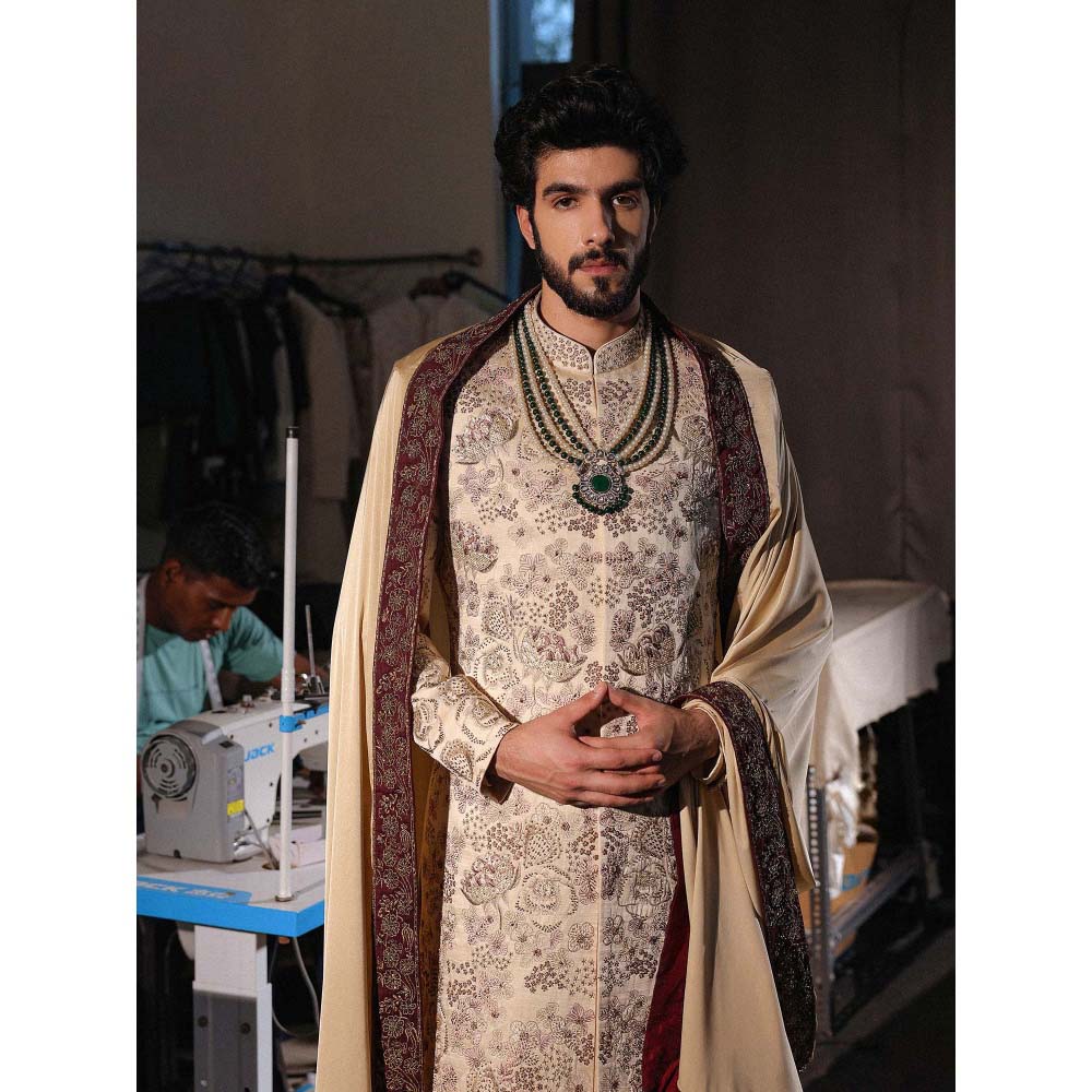Jatin Malik Gold Embroidered Sherwani with Kurta and Churidar (Set of 3)