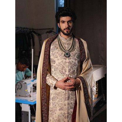 Jatin Malik Gold Embroidered Sherwani with Kurta and Churidar (Set of 3)