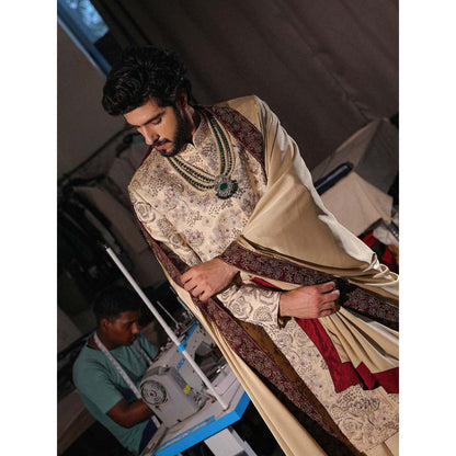 Jatin Malik Gold Embroidered Sherwani with Kurta and Churidar (Set of 3)