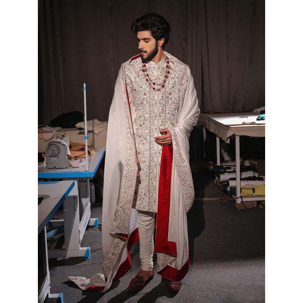 Jatin Malik Imperial White Embroidered Sherwani with Kurta and Churidar (Set of 3)
