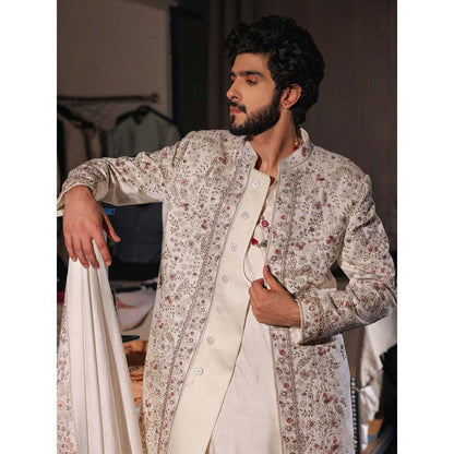 Jatin Malik Imperial White Embroidered Sherwani with Kurta and Churidar (Set of 3)