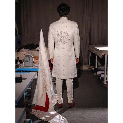 Jatin Malik Imperial White Embroidered Sherwani with Kurta and Churidar (Set of 3)