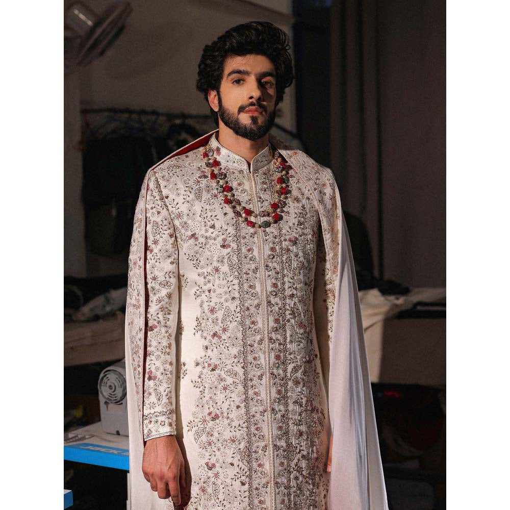 Jatin Malik Imperial White Embroidered Sherwani with Kurta and Churidar (Set of 3)