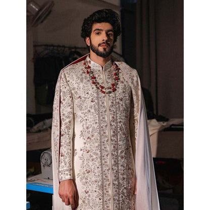 Jatin Malik Imperial White Embroidered Sherwani with Kurta and Churidar (Set of 3)