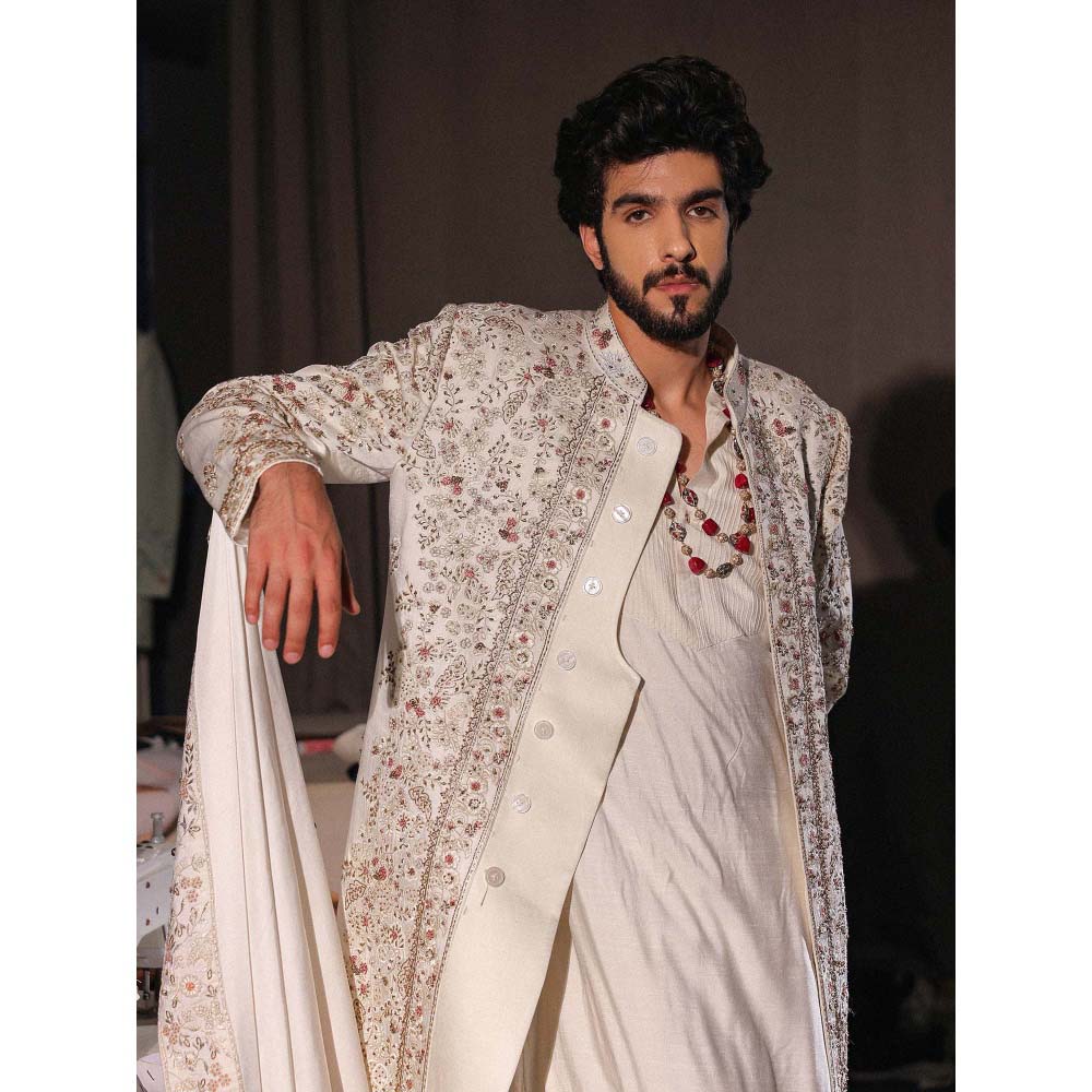 Jatin Malik Imperial White Embroidered Sherwani with Kurta and Churidar (Set of 3)