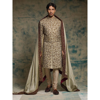 Jatin Malik Beige Sand Linen Silk Embroidered Sherwani with Churidar and Dupatta
