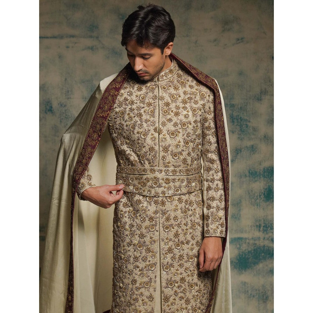 Jatin Malik Beige Sand Linen Silk Embroidered Sherwani with Churidar and Dupatta