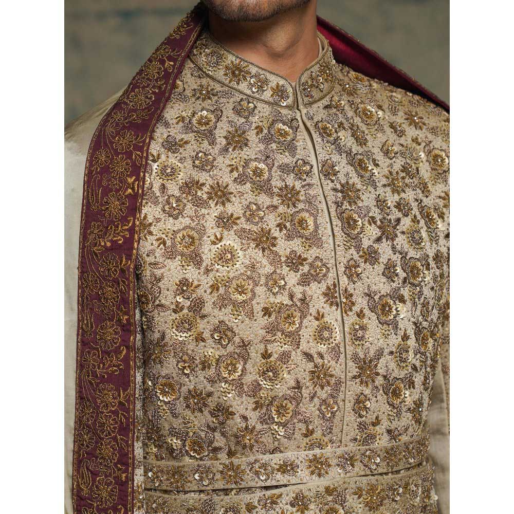 Jatin Malik Beige Sand Linen Silk Embroidered Sherwani with Churidar and Dupatta
