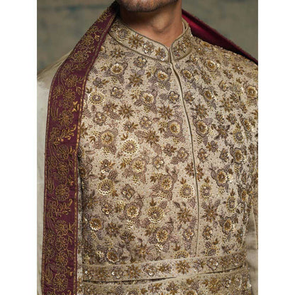 Jatin Malik Beige Sand Linen Silk Embroidered Sherwani with Churidar and Dupatta