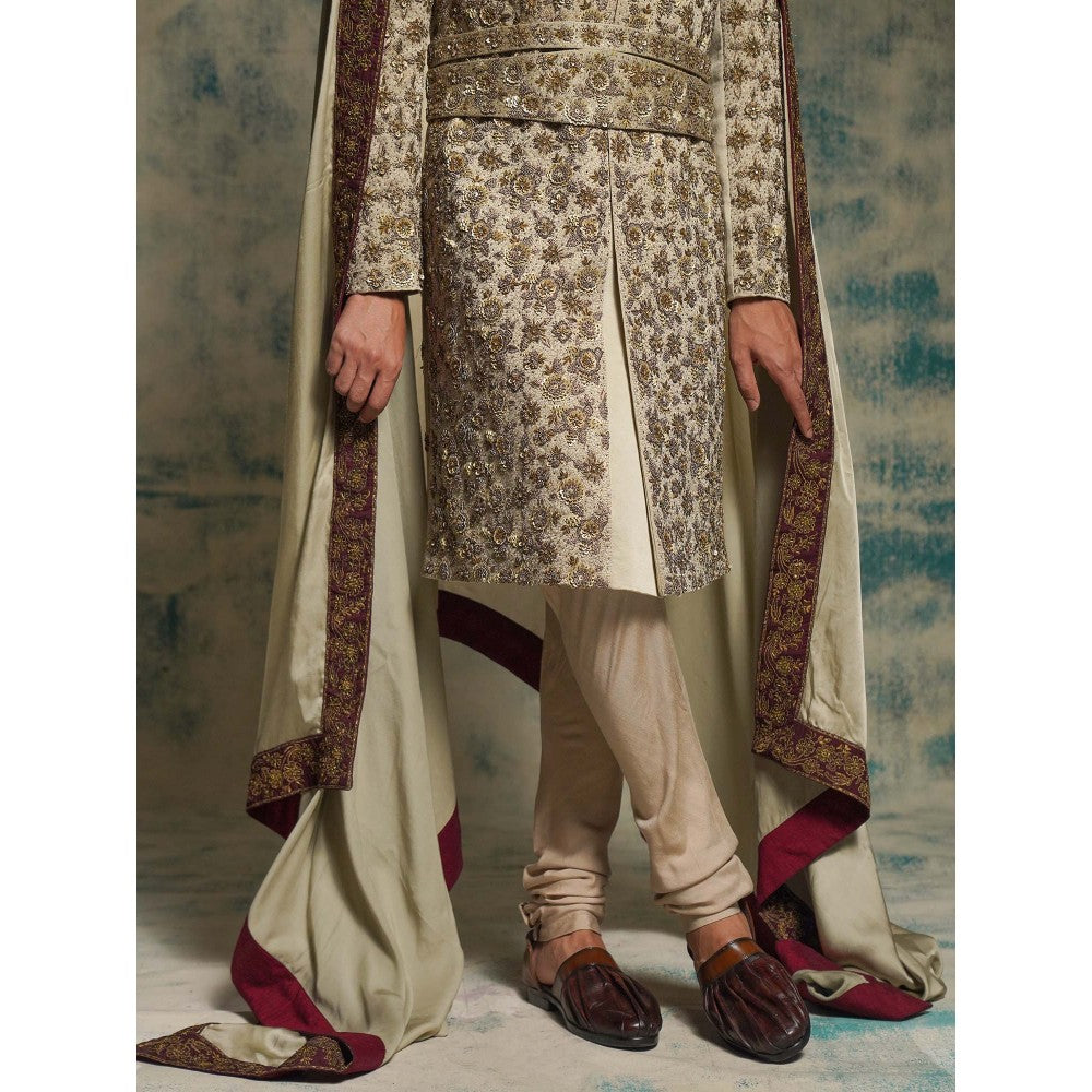 Jatin Malik Beige Sand Linen Silk Embroidered Sherwani with Churidar and Dupatta