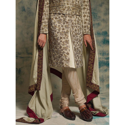 Jatin Malik Beige Sand Linen Silk Embroidered Sherwani with Churidar and Dupatta