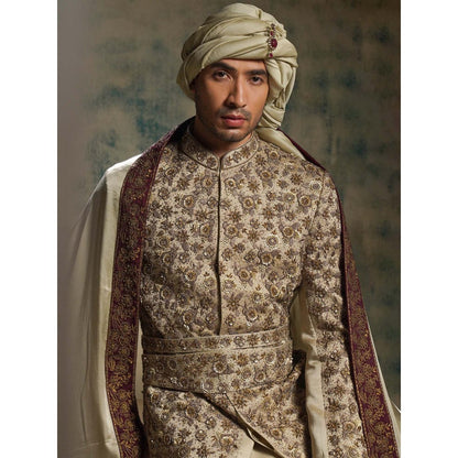 Jatin Malik Beige Sand Linen Silk Embroidered Sherwani with Churidar and Dupatta
