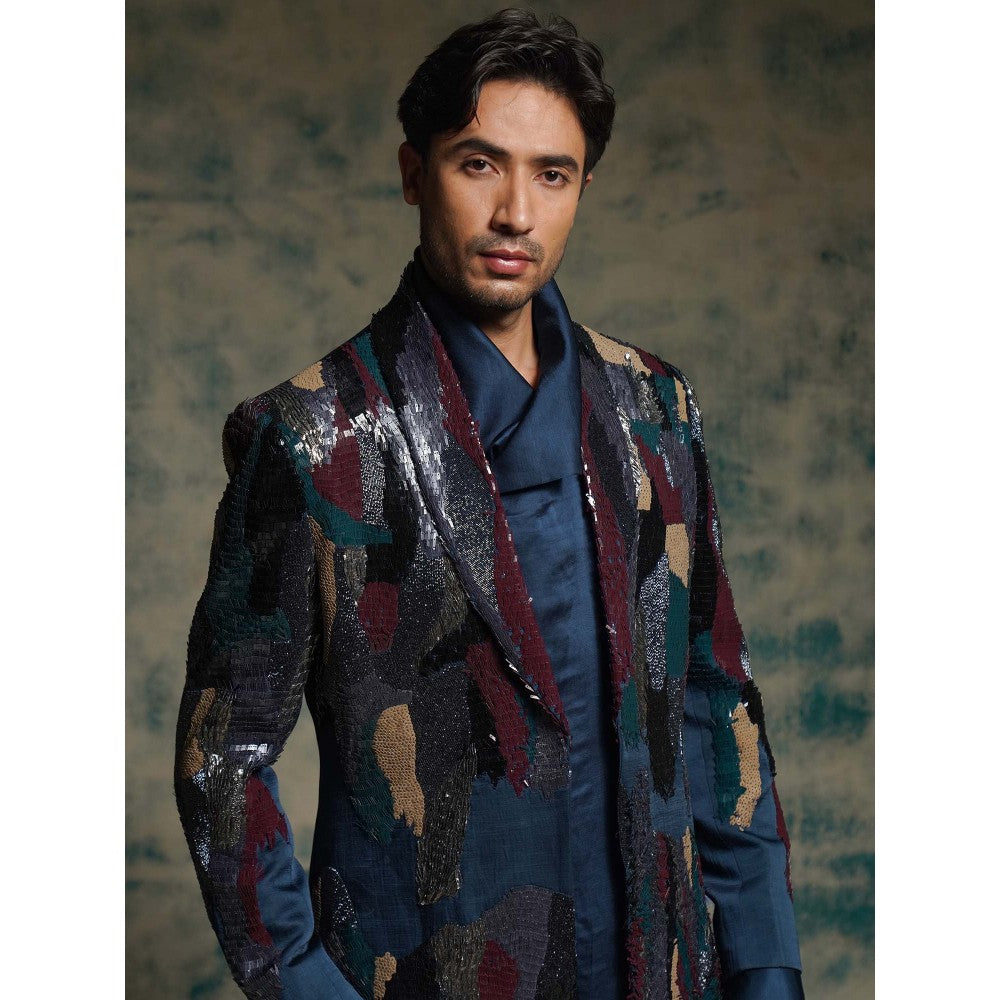 Jatin Malik Navy Blue Sequined Short Jacket with Kurta and Trouser
